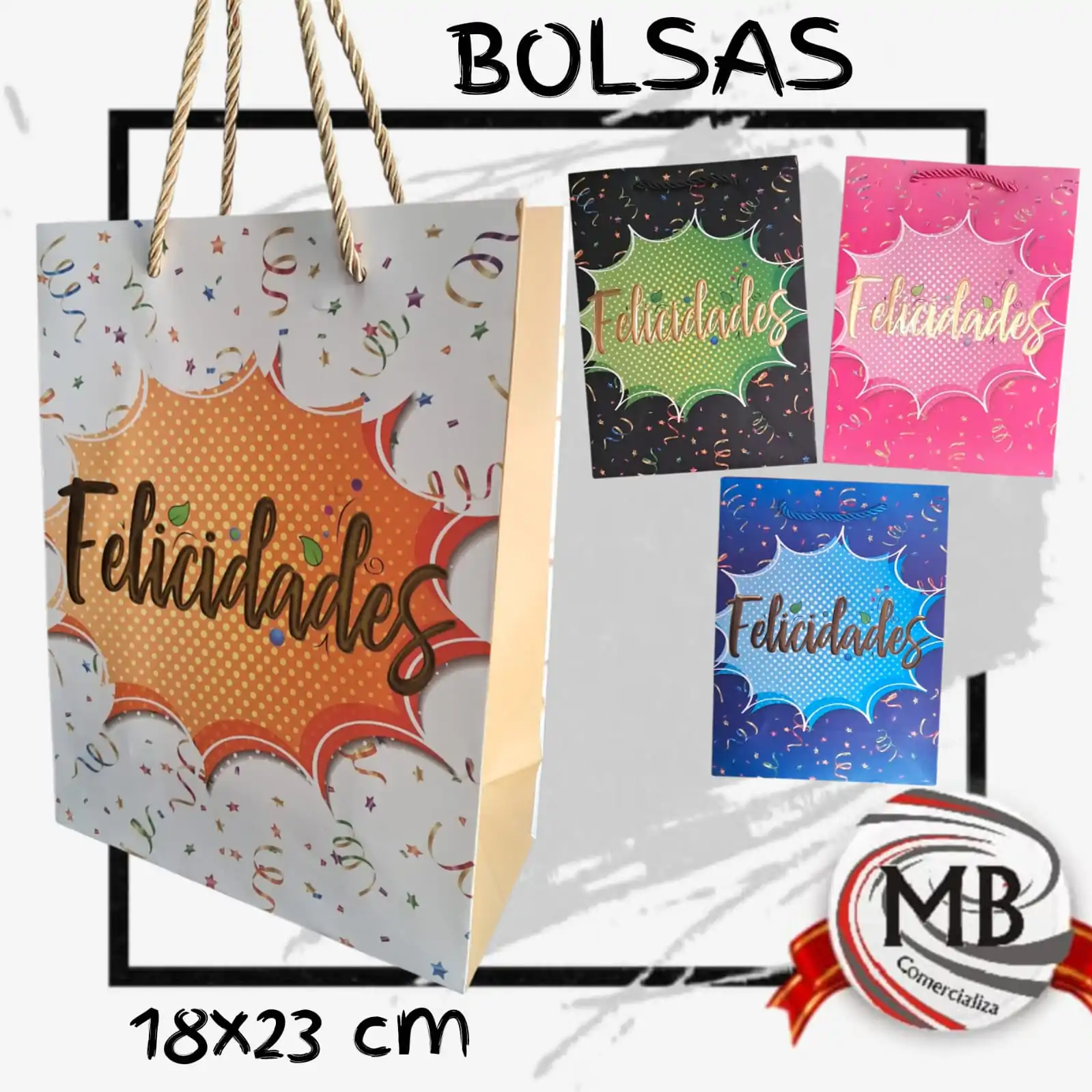 Bolsas de regalo Felicidades cartón premium 18x23 cm distribución mayorista MB Comercializa