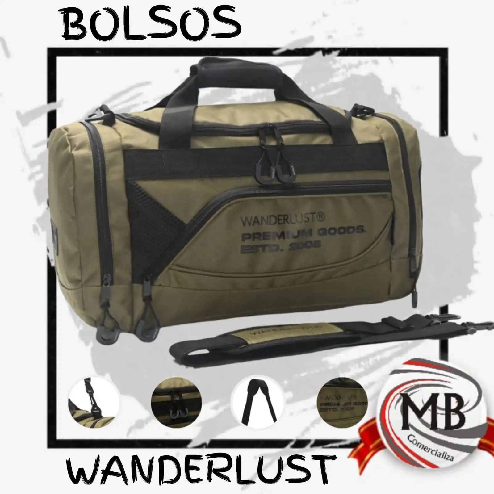 Bolso deportivo táctico Wanderlust diseño reforzado verde militar distribución mayorista MB Comercializa