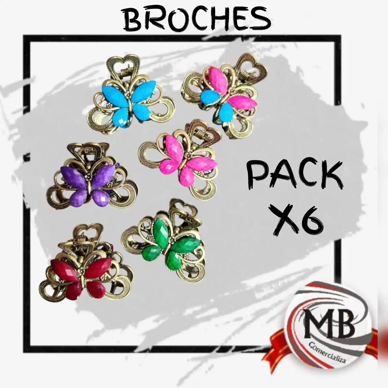 Distribución mayorista de broches para pelo con diseño de mariposas en relieve y esmalte de colores. Accesorios para revendedores en Argentina con despacho en 48hs. Precios directos de fábrica a través de MB Comercializadora para locales de moda.