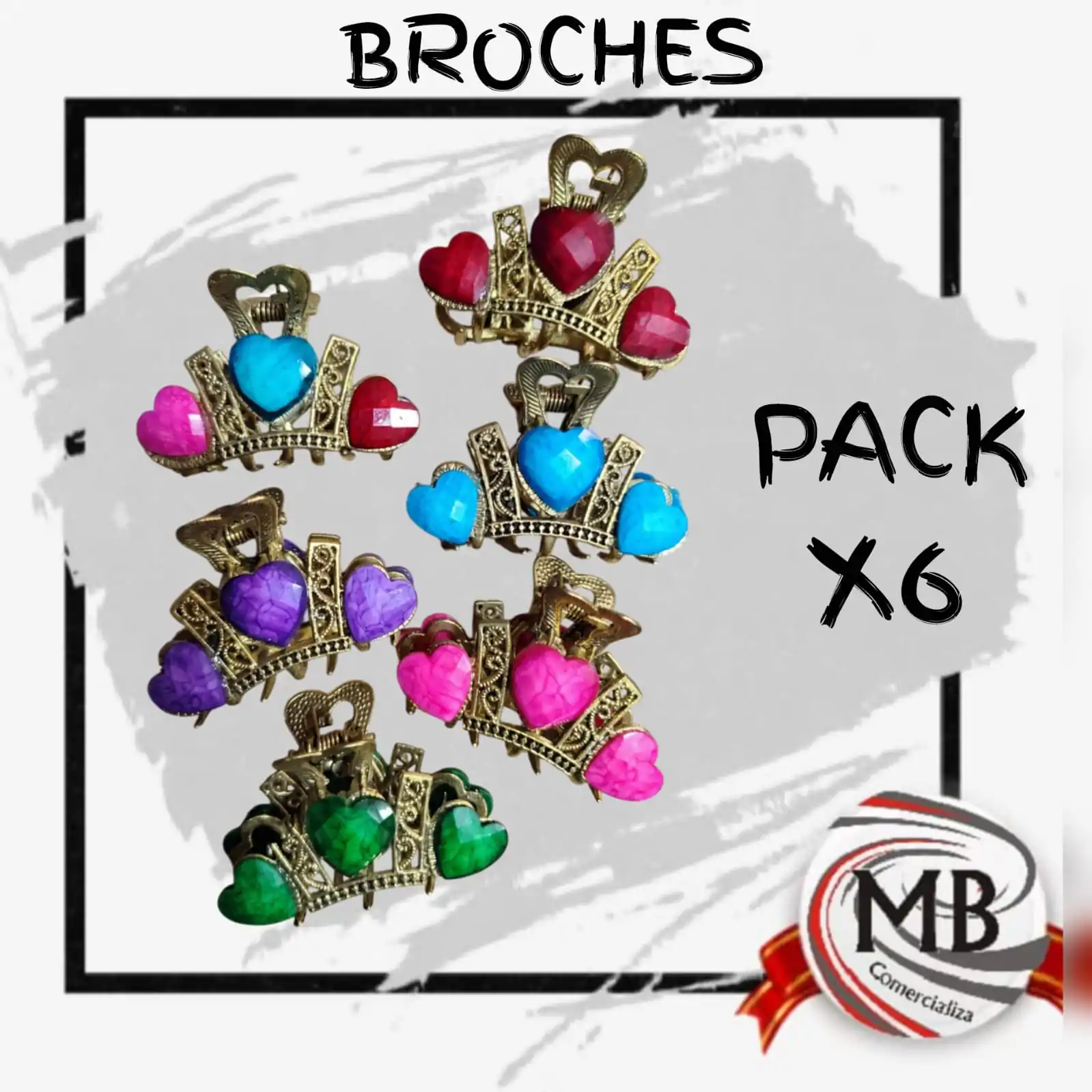 Pack x6 broches metálicos para cabello diseño corona con corazones facetados en colores surtidos. Accesorios de moda por mayor en Argentina con despacho en 48hs. Precios directos de fábrica vía MB Comercializa para comerciantes y revendedores.