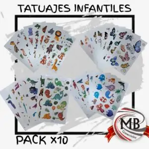 Plancha de tatuajes temporales adhesivos con diseños variados para piel. Tatuajes de fantasía infantiles venta mayorista en Argentina con despacho en 48 horas por MB Comercializa.
