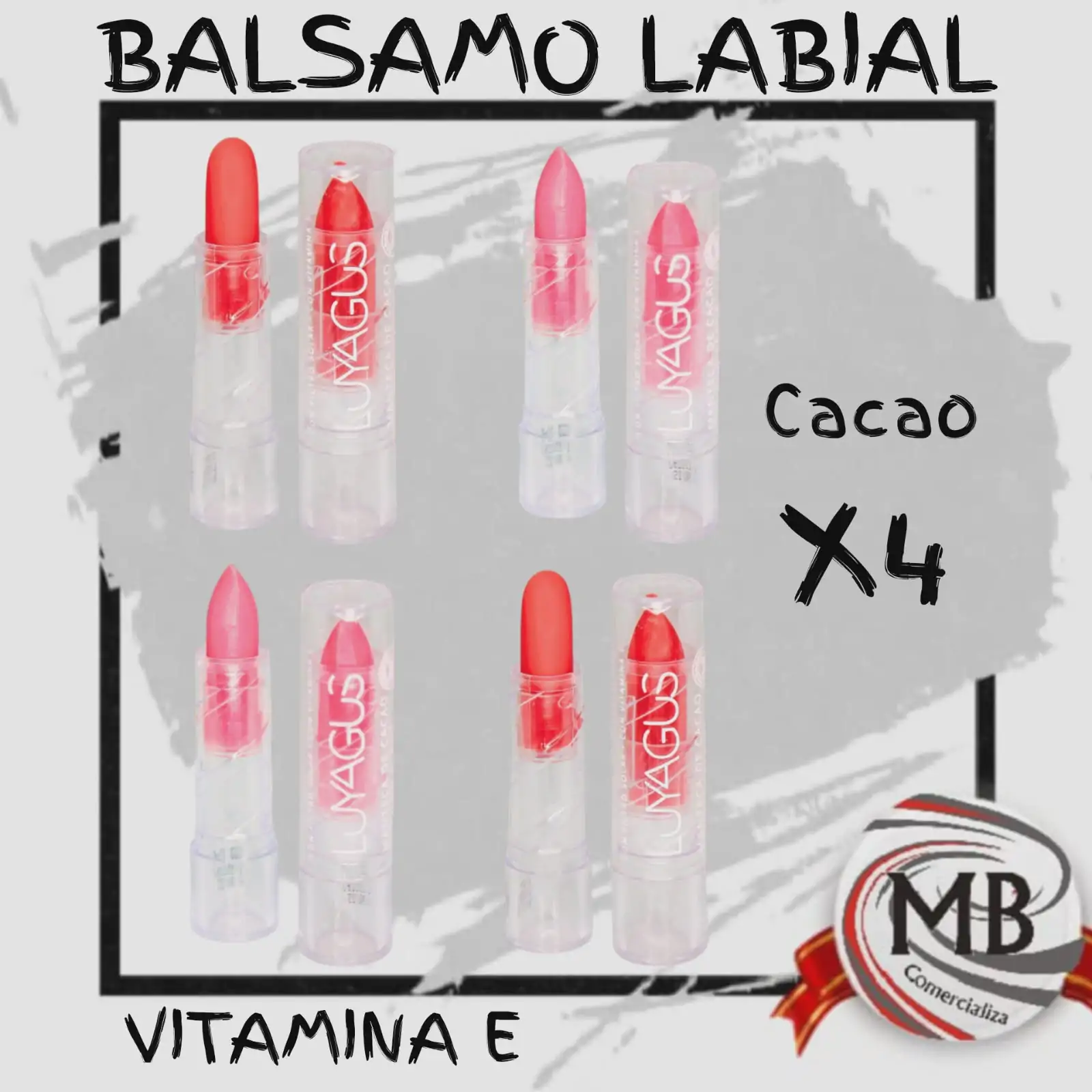 Pack x4 bálsamos labiales hidratantes con Vitamina E y aroma Cacao. DESPACHO EN 48 HORAS GARANTIZADO a todo el país. Calidad premium para venta mayorista en MB Comercializa Argentina.