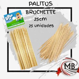 Pack de palitos brochette de 25cm por 25 unidades. Venta por mayor con precios mayoristas competitivos. Distribución nacional con despacho en 48 horas a todo el territorio argentino por MB Comercializa.