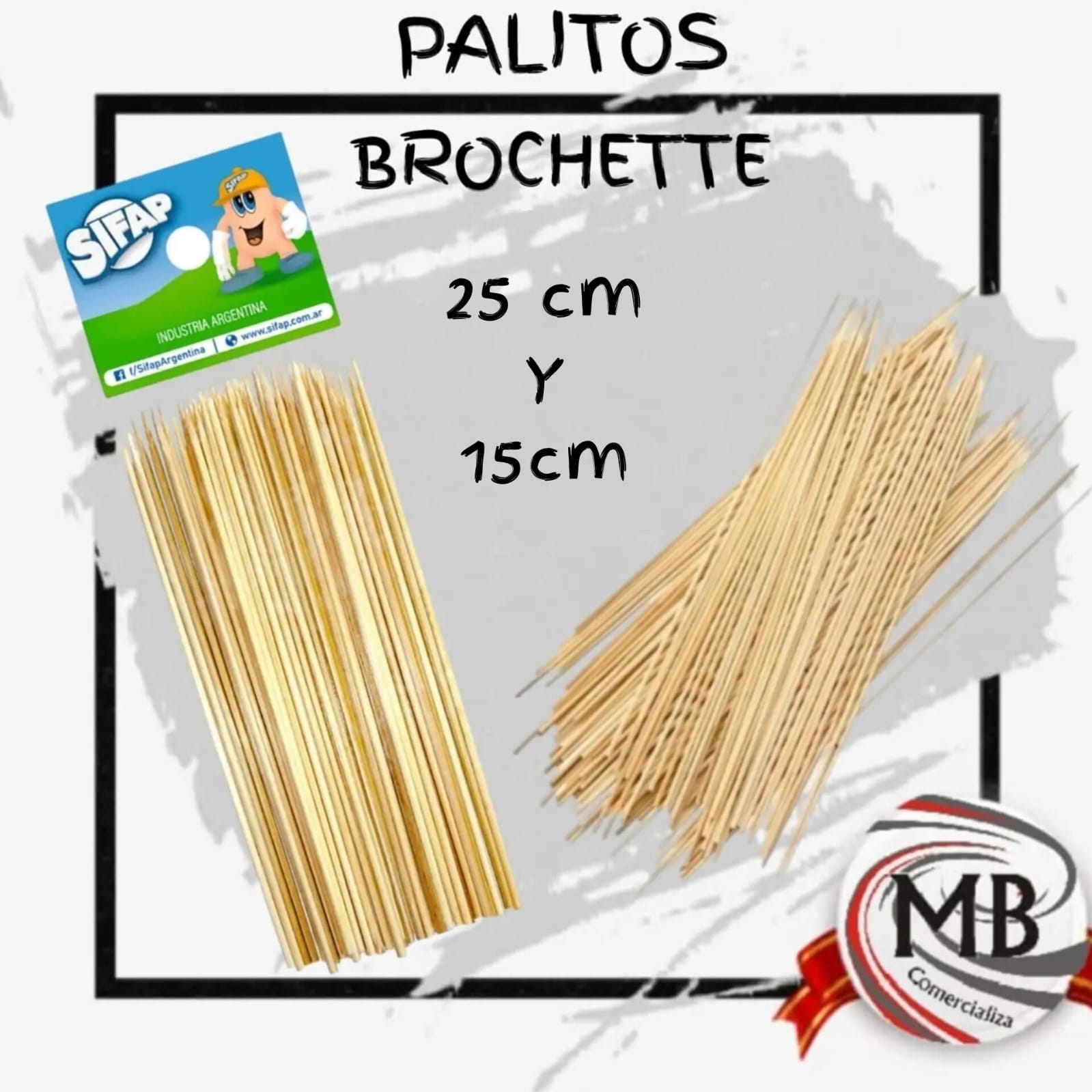 Palitos brochette Sifap de 15 cm y 25 cm por mayor, palos de madera largos para brochettes, gastronomia, copetin y manualidades con despacho rapido en 24 horas por Correo Argentino mediante mbcomercializa.com.ar.