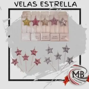 Velas de cumpleaños con forma de estrella color dorado y plateado. Velas decorativas para tortas venta mayorista en Argentina con despacho en 48 horas por MB Comercializa.
