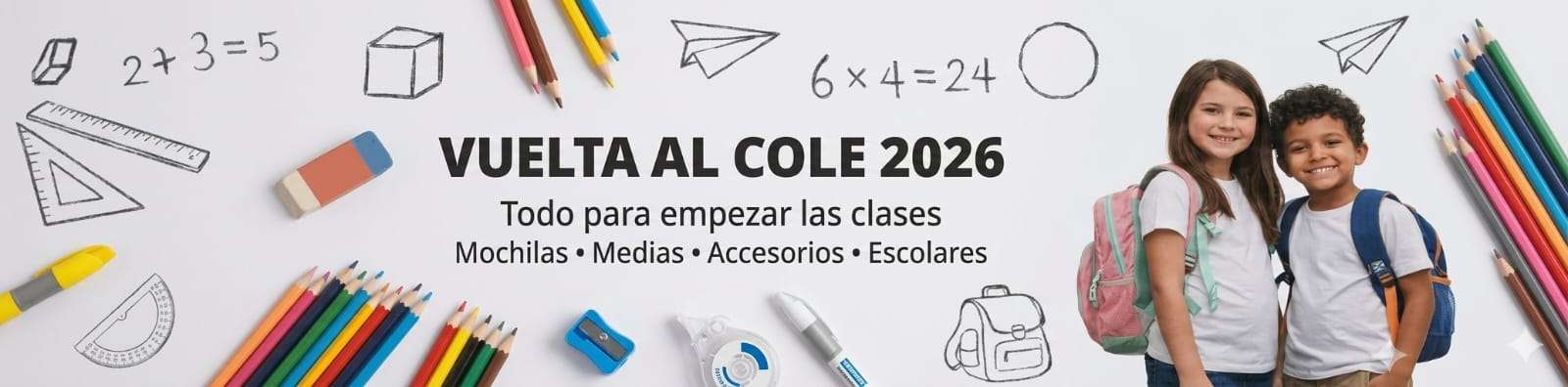 Banner de Vuelta al Cole 2026 con dos niños con mochilas, útiles escolares y fondo con dibujos de lápices y geometría.