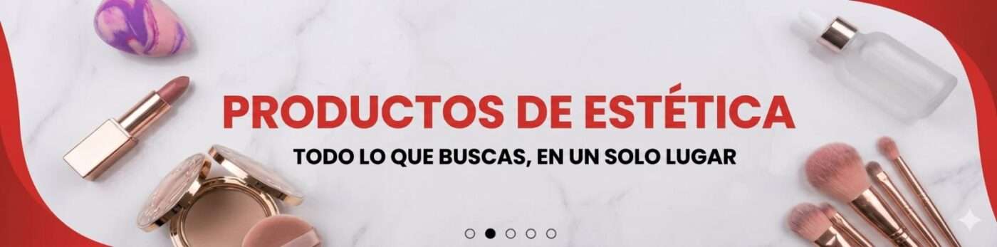 Banner publicitario de productos de estética con brochas de maquillaje y accesorios sobre un fondo de mármol.