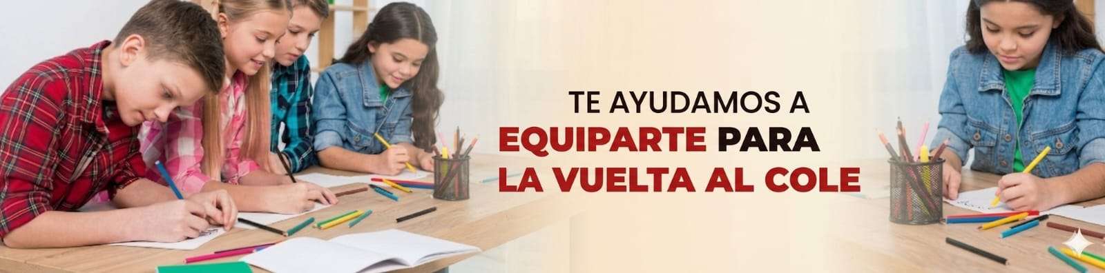 Banner publicitario de útiles escolares con niños estudiando y texto de vuelta al cole.