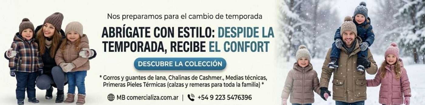 Banner publicitario de indumentaria de invierno con familias abrigadas y texto promocional de confort.