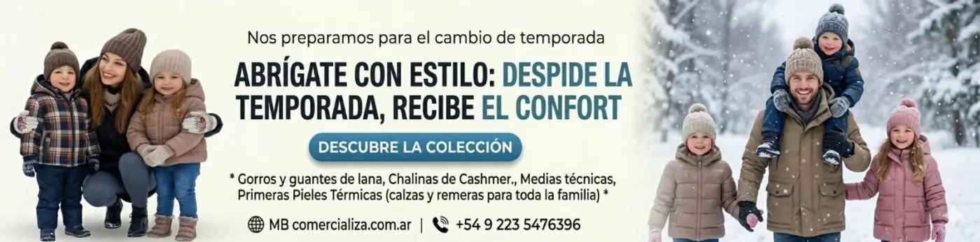 Banner publicitario de indumentaria de invierno con familias abrigadas y texto promocional de confort.