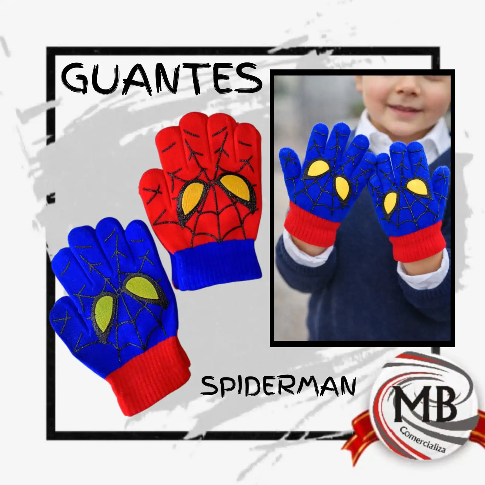 Guantes de lana para niños con diseños de personajes animados en colores azul, rojo y gris. Venta por mayor con logística de 48 horas en toda la Argentina y precios directos mayoristas en MB Comercializa. ​Leyenda