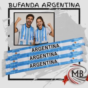 Bufanda con diseño de bandera argentina celeste y blanca para hinchas y eventos. Venta mayorista en MB Comercializa con precios directos de fábrica y despacho en 24 horas a toda la Argentina por Correo Argentino.