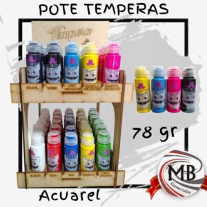 Potes de témpera Acuarel de 78 gr en exhibidor de madera con variedad de colores vibrantes para uso escolar y artístico. Distribución con despacho en 24 horas a Formosa, Chaco, Corrientes y todo el interior del país con precios directos mayoristas.