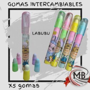 Pack de 5 gomas de borrar intercambiables con diseño de Labubu de MB Comercializa. Útiles escolares divertidos y didácticos con despacho en 48 horas a todo el territorio nacional argentino. Compra online en mbcomercializa.com.ar