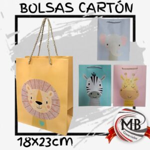 Bolsas de cartón infantiles de 18x23cm para regalo con diseños de animales de la selva como león, jirafa, cebra y elefante con glitter de MB Comercializa. Distribuidora mayorista de envoltorios con despacho rápido en 24 horas y envíos a toda la Argentina por Correo Argentino.
