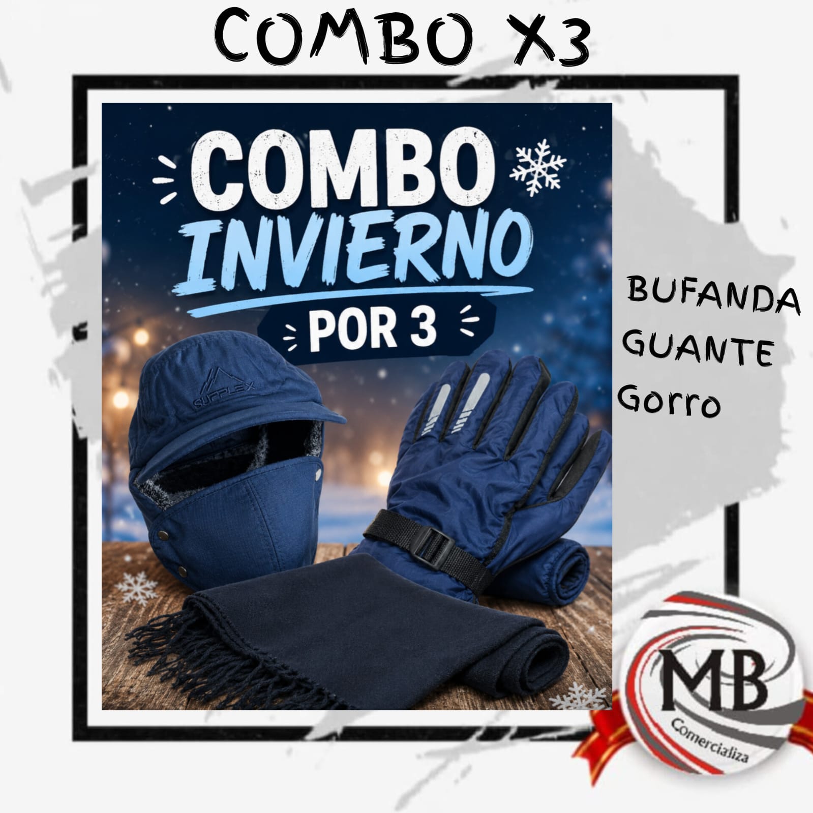 Combo invierno por 3 al por mayor, kit de abrigo con bufanda guante y gorro con mascara pasamontanas térmica ideal para locales de indumentaria y revendedores, con despacho rápido en 24 horas por Correo Argentino mediante mbcomercializa.com.ar.