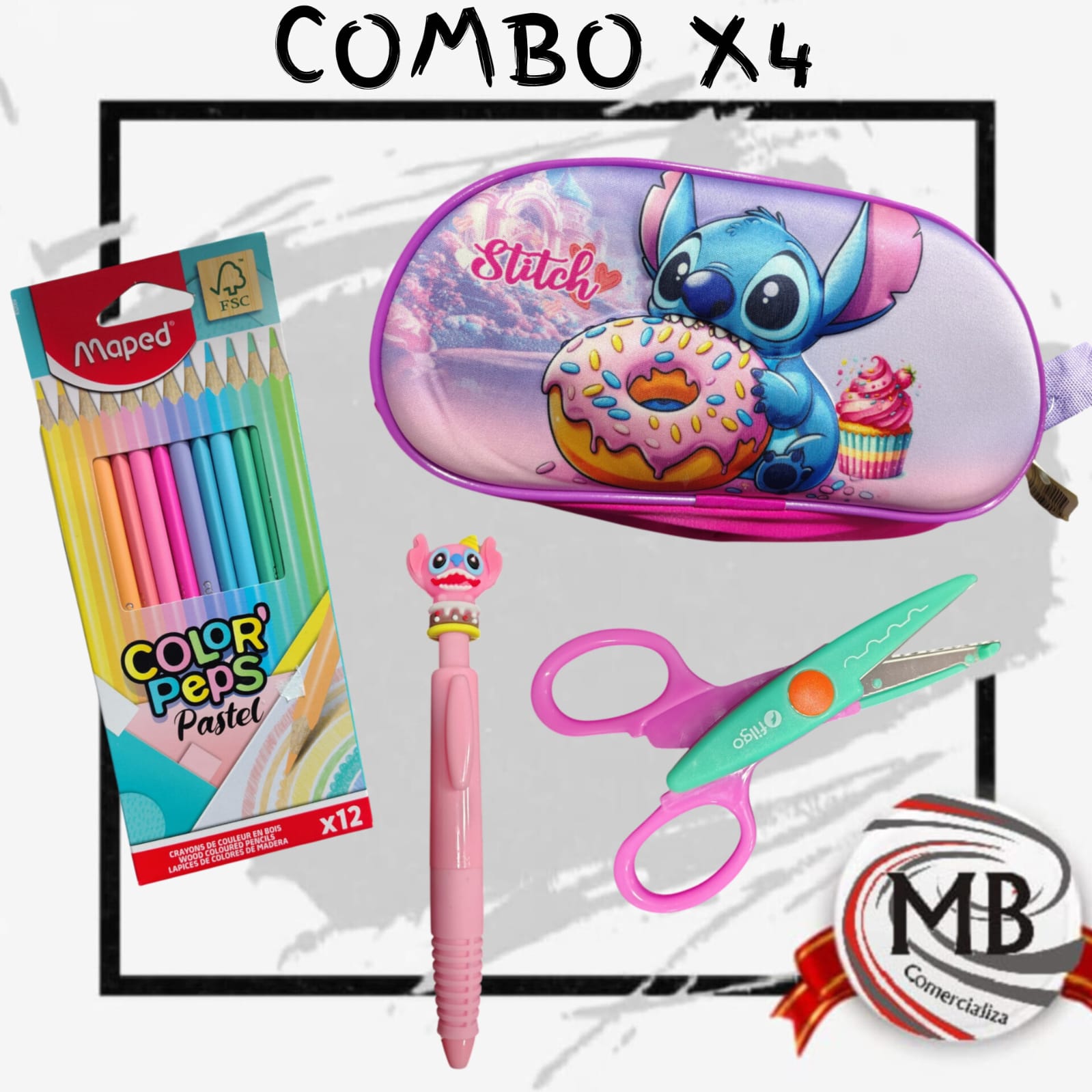Combo escolar de Stitch x4 por mayor, kit escolar infantil con cartuchera de Stitch, lapices de colores Maped Pastel x12, tijera y boligrafo para librerias y revendedores con despacho rapido en 24 horas por Correo Argentino mediante mbcomercializa.com.ar.