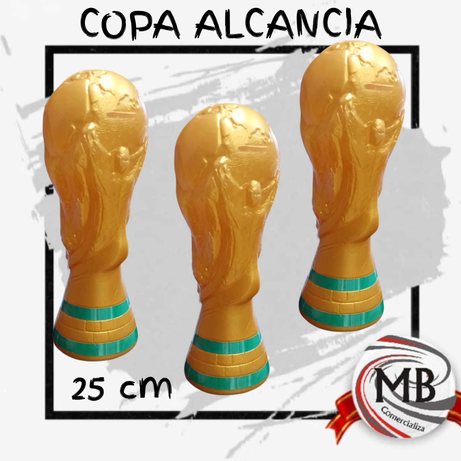 Copa del Mundo alcancia de 25 cm por mayor, alcancia con forma de trofeo mundial dorado de Argentina para regalerias, cotillon y jugueterias con despacho rapido en 24 horas por Correo Argentino mediante mbcomercializa.com.ar.