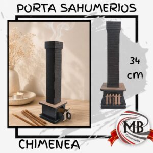 Quemador de incienso vertical con diseño de chimenea rústica negra de 34 centímetros de altura. Torre porta sahumerios artesanal para interiores distribuida al por mayor por MB Comercializa con despacho veloz a toda la Argentina.