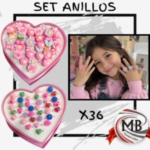 Set de 36 anillos infantiles ajustables con diseños de flores, mariposas y corazones de MB Comercializa. Mayorista con despacho rápido en 24 horas y envíos a toda la Argentina por Correo Argentino.