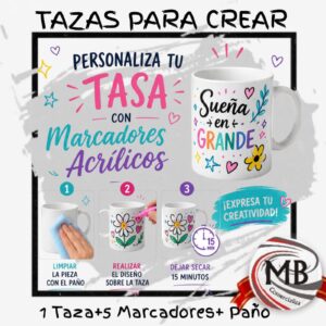 Set de tazas para crear y pintar por mayor, kit de taza de ceramica blanca para personalizar con 5 marcadores acrilicos y paño de limpieza, ideal para librerias y regalerias con despacho rapido en 24 horas por Correo Argentino mediante mbcomercializa.com.ar.