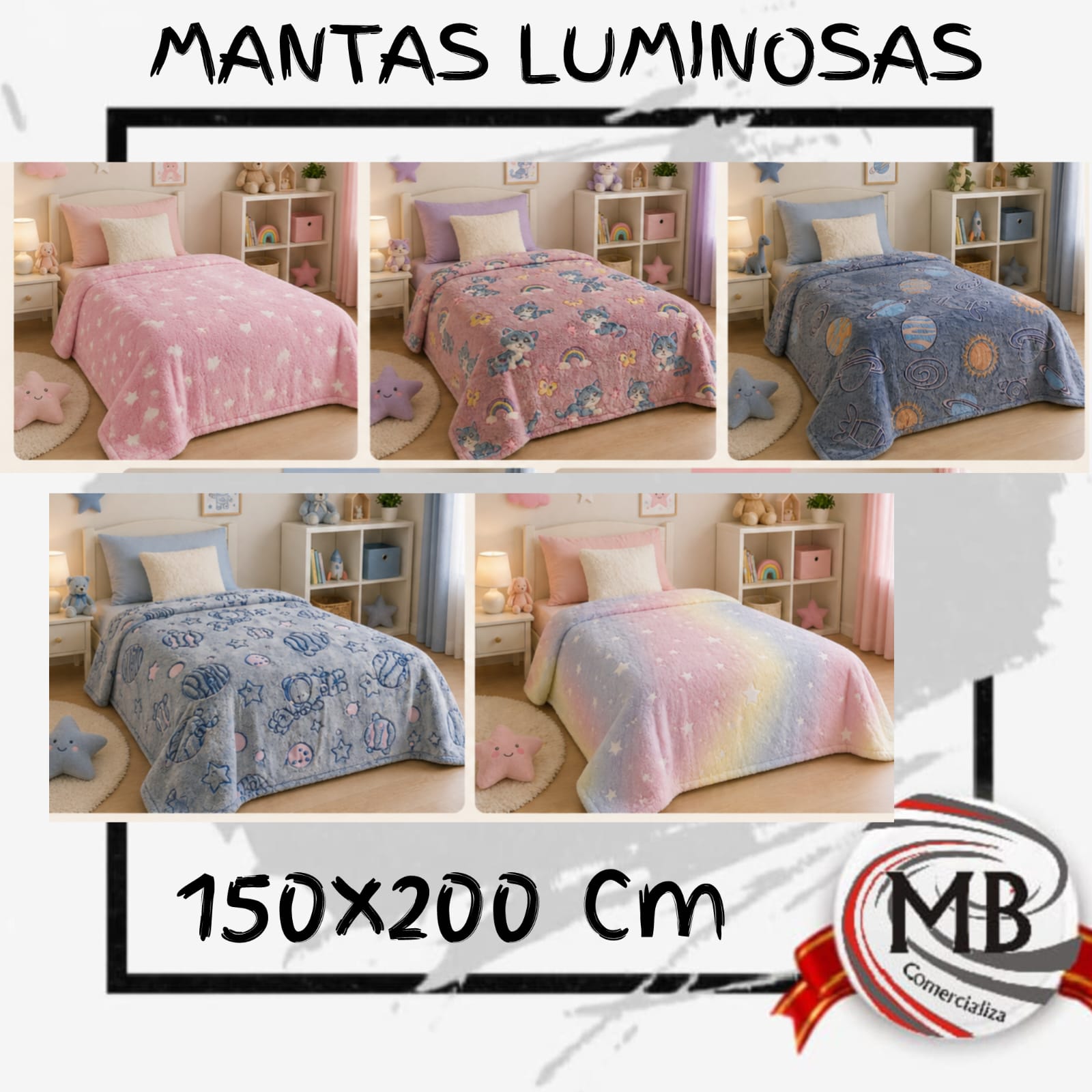 Mantas luminosas infantiles de 150x200 cm que brillan en la oscuridad para venta mayorista directa, con despacho rápido en 24 horas y envíos a toda Argentina por Correo Argentino desde mbcomercializa.com.ar.