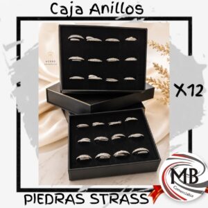 Caja de anillos de acero quirurgico con piedras strass por mayor x12, set de alianzas con apliques brillantes y cristales engarzados en joyerias y locales de moda con despacho en 24 horas por Correo Argentino en mbcomercializa.com.ar.
