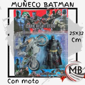 Muneco articulado de accion estilo batman con moto en blister exhibidor por mayor para jugueterias MB Comercializa.