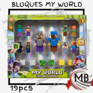 Set de bloques magneticos encastrables estilo My World 19 piezas con minifiguras y accesorios para jugueterias MB Comercializa.