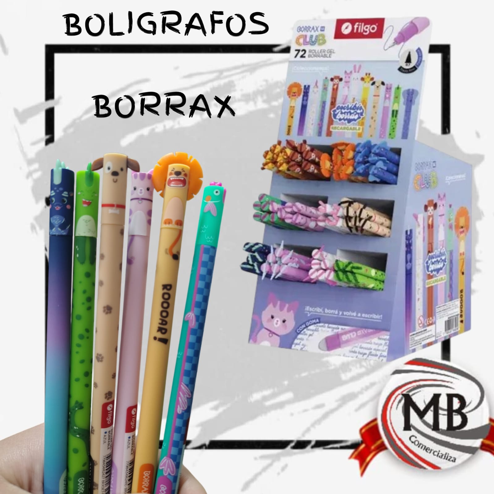 Bolígrafos Borrax Filgo borrables con diseños de animales por mayor en MB Comercializas. Precios directos mayoristas con despacho rápido en 24 horas a toda Argentina por Correo Argentino.
