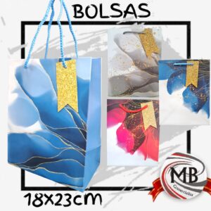 Bolsas de carton marmol dorado de 18x23 cm por mayor, bolsa de regalo elegante con diseño abstracto y tarjeta de glitter para cumpleaños y regalerias con despacho rapido en 24 horas por Correo Argentino mediante mbcomercializa.com.ar.