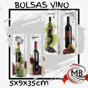 Bolsas de carton para vino de 5x9x35 cm por mayor, bolsa de regalo porta botellas con diseños de viñedos y uvas para vinerias, regalerias y eventos con despacho rapido en 24 horas por Correo Argentino mediante mbcomercializa.com.ar.