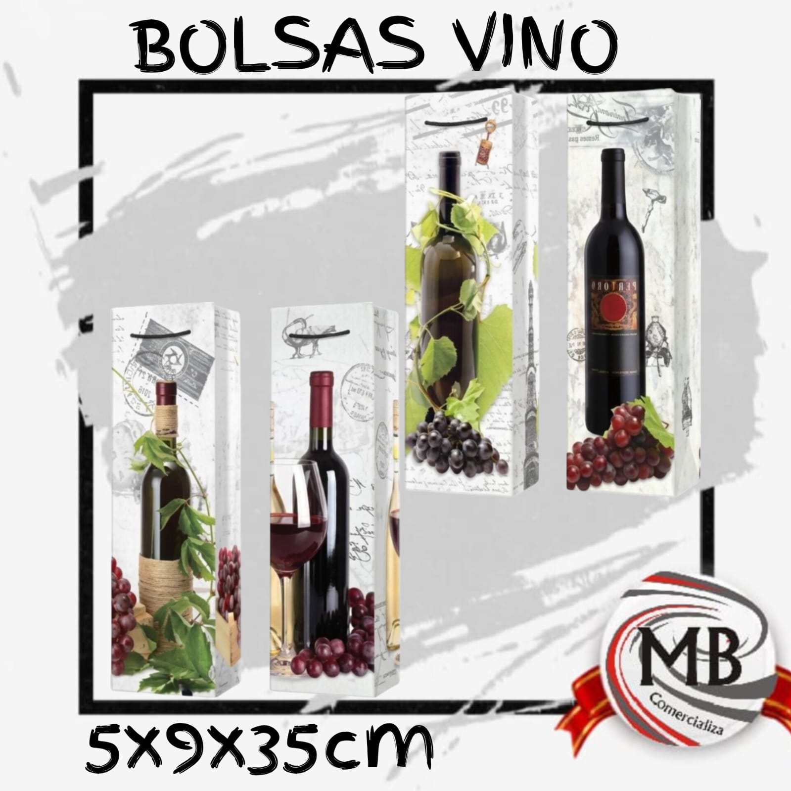 Bolsas de carton para vino de 5x9x35 cm por mayor, bolsa de regalo porta botellas con diseños de viñedos y uvas para vinerias, regalerias y eventos con despacho rapido en 24 horas por Correo Argentino mediante mbcomercializa.com.ar.
