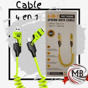Cable de carga rapida espiralado 4 en 1 USB y Tipo C a Tipo C y Lightning por mayor en MB Comercializa. Distribuidor mayorista de cables universales, accesorios para celular y cargadores con despacho rapido en 24 horas y precios directos mayoristas a toda Argentina via Correo Argentino.