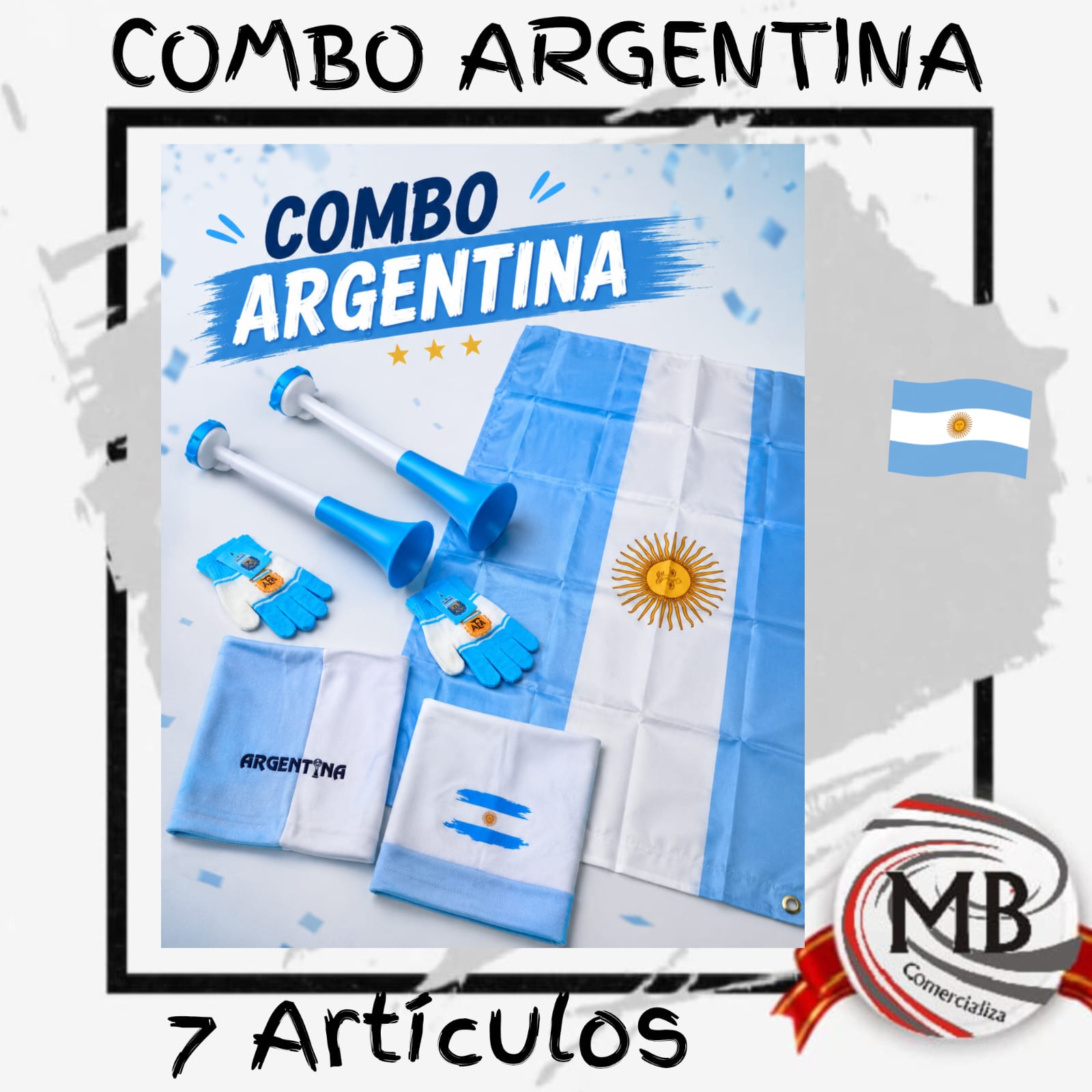 Combo Argentina cotillón y banderas por mayor en MB Comercializas. Precios directos mayoristas con despacho rápido en 24 horas a toda Argentina por Correo Argentino.