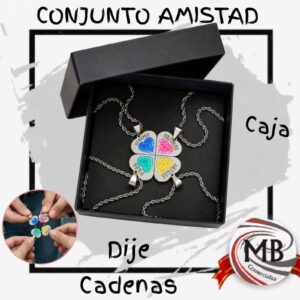 Conjunto amistad dije y cadena x4 por mayor, juego de cuatro collares con dijes de corazon que forman un trebol de cuatro hojas con caja de regalo, ideal para regalerias y joyerias con despacho en 24 horas por Correo Argentino mediante mbcomercializa.com.ar.