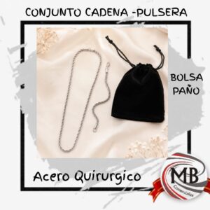 Conjunto de cadena y pulsera de acero quirurgico por mayor, juego de joyeria unisex con bolsa de paño negra para regalos en joyerias y regalerias con despacho en 24 horas por Correo Argentino mediante mbcomercializa.com.ar.