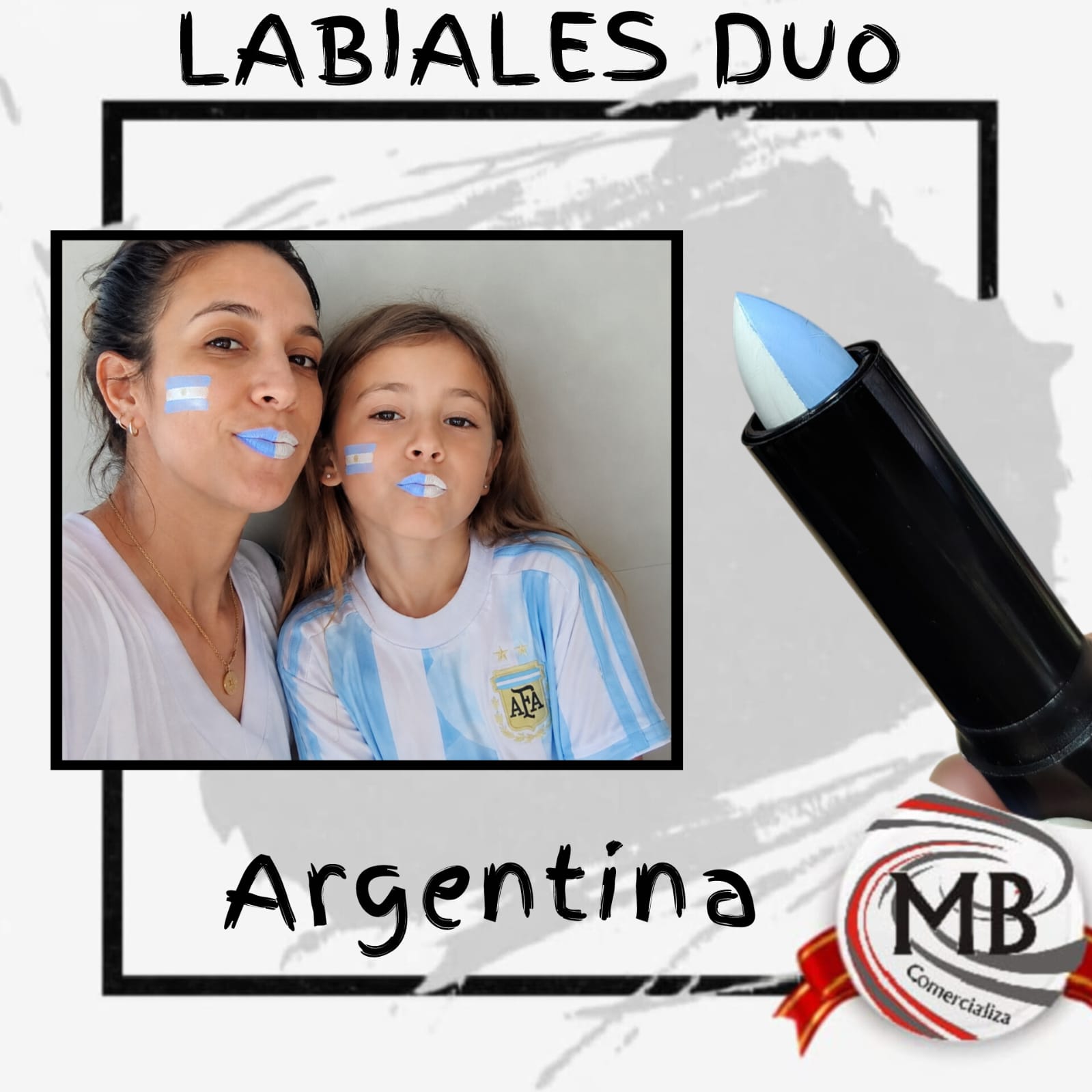 Maquillaje labial duo de Argentina por mayor, lapiz labial cosmético doble color celeste y blanco para pintura facial de hinchas y cotillon de la seleccion con despacho rapido en 24 horas por Correo Argentino mediante mbcomercializa.com.ar.