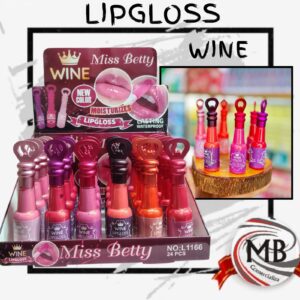 Brillo labial lip gloss con forma de botella de vino Miss Betty por mayor en MB Comercializa. Distribuidor mayorista de maquillaje novedoso, labiales humectantes y tintas de labios con despacho rápido en 24 horas y precios directos mayoristas a toda Argentina vía Correo Argentino.