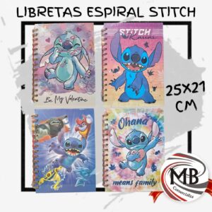 Libretas espiral stitch 25x21 cm por mayor en MB Comercializa. Distribuidor mayorista de papeleria kawaii, cuadernos anillados tapa dura con disenios de stitch y angel para libreria y escolar con despacho rapido en 24 horas a toda Argentina via Correo Argentino.