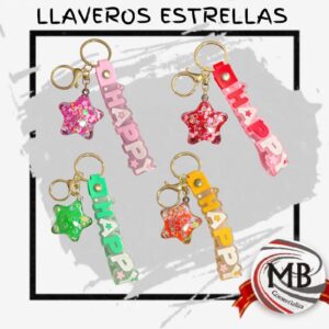 Llaveros estrellas con strass y glitter por mayor, llaveros Happy con tira de silicona de colores rosa rojo verde y ocre, ideal para regalerias y marroquinerias con despacho en 24 horas por Correo Argentino mediante mbcomercializa.com.ar.