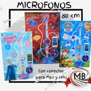 Microfono infantil con pie de 80 cm por mayor, juguete de karaoke con luces y conector para celular o MP3 con diseños de personajes para niños en jugueterias y regalerias con despacho en 24 horas por Correo Argentino mediante mbcomercializa.com.ar.