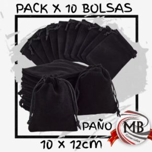 Pack x10 bolsas de paño 10x12 cm negras por mayor, bolsitas de pana medianas con cordon de cierre para envoltorios de regalería y joyería en locales comerciales con despacho en 24 horas por Correo Argentino mediante mbcomercializa.com.ar.