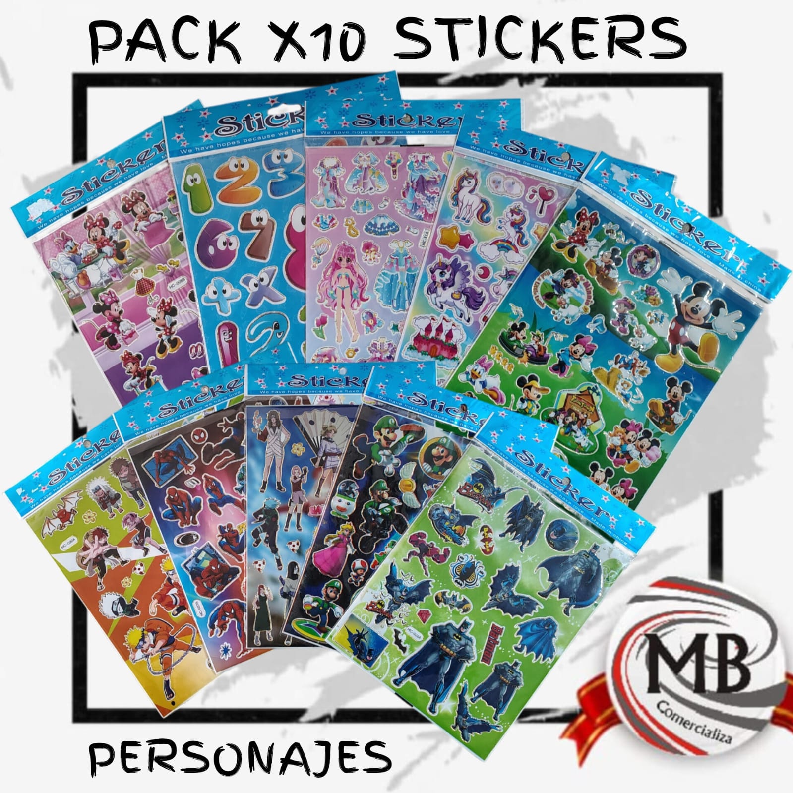 Pack de stickers infantiles de personajes por mayor, planchas de calcomanias autoadhesivas de dibujos animados para niños en cotillones y librerias con despacho en 24 horas por Correo Argentino en mbcomercializa.com.ar.