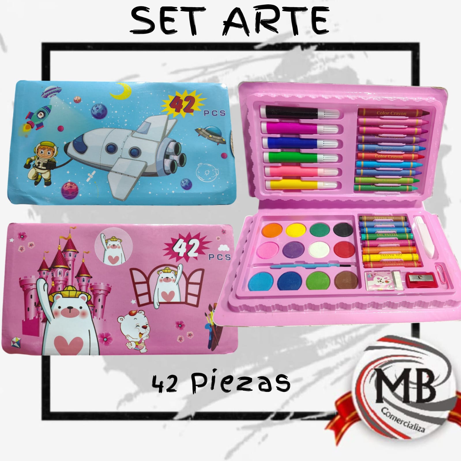 Set de arte infantil 42 piezas por mayor, valijita de dibujo compacta con marcadores crayones y acuarelas para niños en librerias y jugueterias con despacho en 24 horas por Correo Argentino mediante mbcomercializa.com.ar.