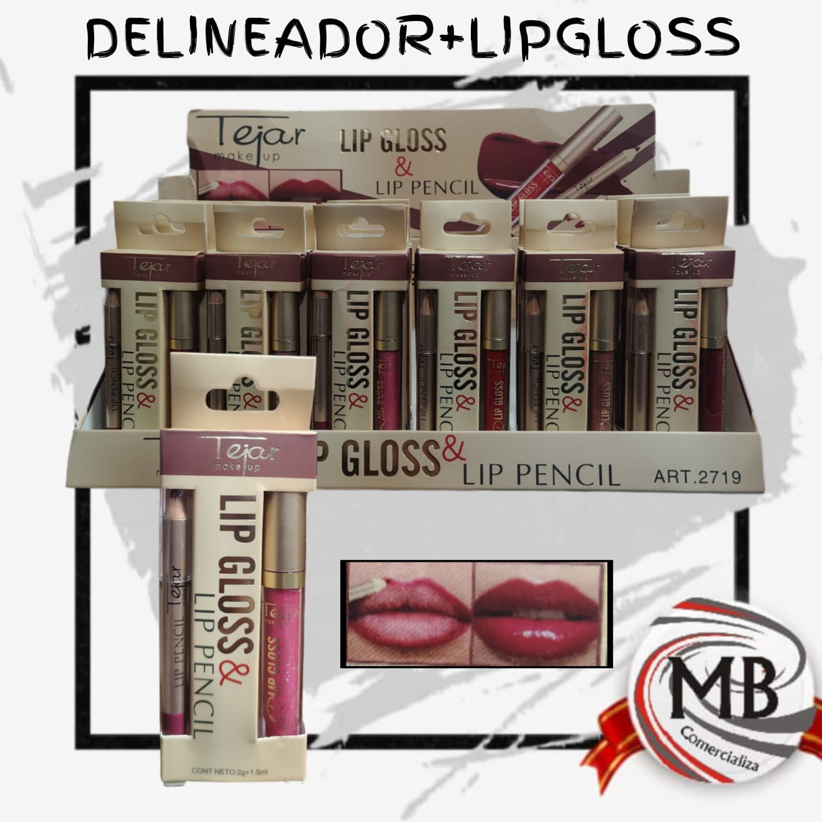 Set delineador de labios y lip gloss Tejar por mayor en MB Comercializa. Distribuidor mayorista de maquillaje de labios, brillos labiales y lápices perfiladores con despacho rápido en 24 horas y precios directos mayoristas a toda Argentina vía Correo Argentino.