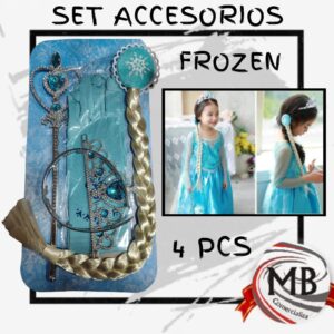 Set de accesorios frozen de 4 piezas por mayor en MB Comercializa. Distribuidor mayorista de disfraces infantiles, kits de princesa con trenza, corona, varita magica y guantes con despacho rapido en 24 horas a toda Argentina via Correo Argentino.