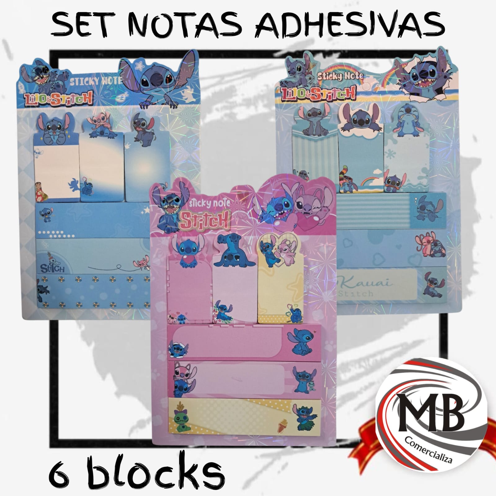 Set notas adhesivas stitch post it por mayor en MB Comercializa. Distribuidor mayorista de papeleria kawaii, bloquecitos de notas autoadhesivas de stitch y angel con 6 blocks surtidos para libreria y escolar con despacho rapido en 24 horas a toda Argentina via Correo Argentino.