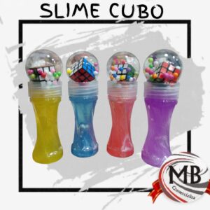 Masa slime con mini cubo tipo magico y esferas de colores en tubo transparente para jugueterias y polirrubros MB Comercializa.