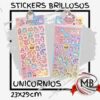 Plancha de stickers brillosos de unicornios 23x29 cm por mayor, calcomanias con glitter infantil y destellos metalizados de fantasia en librerias y regalerias con despacho en 24 horas por Correo Argentino en mbcomercializa.com.ar.